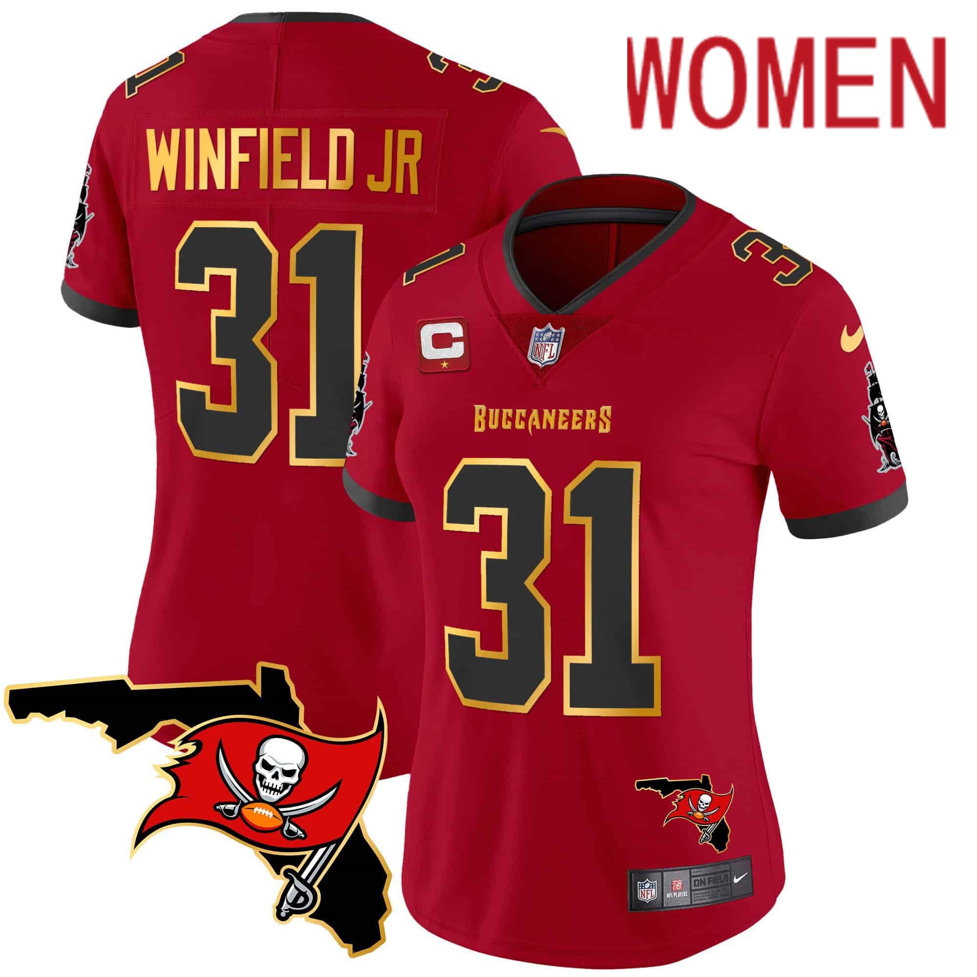 Women Tampa Bay Buccaneers 31 Winfield jr Red 2024 Nike Florida Patch Gold Trim Vapor NFL Jersey style 1
